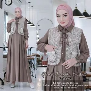 Gamis Aneta Crinkle Mix Brukat | Dress Terbaru Kekinian | Dress Daily | Dress Rompi Premium