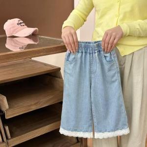 Korean Style Embroidery Lace Girls Denim Shorts Summer Lightweight Loose Nine Tenths Pants