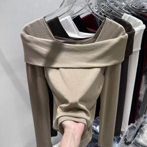 เสื้อตัวในผ้ายืดเซ็กซี่สำหรับผู้หญิงเสื้อยืดแขนยาวเข้ารูปออกแบบพิเศษใส่ด้านในสำหรับฤดูใบไม้ผลิและฤดูใบไม้ร่วงเสื้อปาดไหล่แฟชั่น