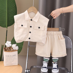 Baby Boy Summer Outfit Two-Piece Set Sleeveless Shorts Simple Casual Pure Color Cotton Fabric Comfortable Breathable Clothes