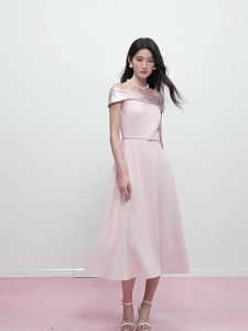 Elegant and Delicate Pink Off-the-Shoulder Sleeveless Waist-Cinching Evening Dress