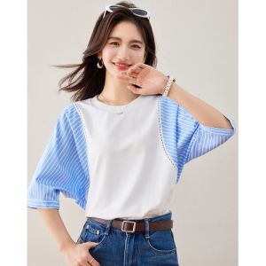 French Casual Spliced Color Block Striped mid Sleeve T Shirt Womens Loose Slim round Neck Summer New Style Top