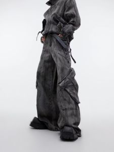 Áo Khoác Denim Dày Lót Lông Cừu Phong Cách Đường Phố Mỹ Cho Nam Quần Ống Rộng Túi Lớn Quần Jeans Nam Mùa Thu