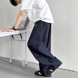 Quần Ống Rộng Thêu Màu Xanh Lam Phong Cách Mỹ Cổ Điển Mùa Hè Cho Nam Quần Dài Thường Ngày Cạp Vừa Dáng Rộng Chất Liệu PU