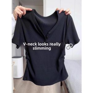 Stylish French Design Black V-Neck Short Sleeve T-Shirt