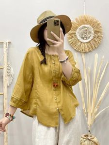 Artsy Pure Color Ramie Irregular Top Summer plus Size Womens Clothes round Neck Breasted Nine-Quarter Sleeve Easiest for Match Linen Shirt