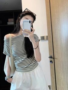 Korean Style Short Knitted Ice Silk Waist Cinched Asymmetrical Shoulder One Shoulder T-Shirt for Women Summer Thin Short Sleeve