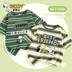 Snoopy | Áo thun nam bé trai mùa hè tay ngắn sọc form rộng
