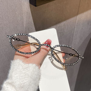 JN IMPRESSION Fashion Exquisite Diamond-encrusted Stylish Sunglasses Small Shine Metal Hinged Oval Frame Sunglasses