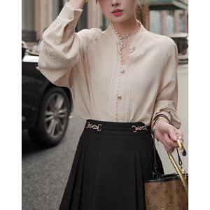 Retro Lace Trim V-neck Bubble Sleeve Shirt High Waist Pleated Skirt Womens Fashion Set Autumn Elegance Polyester Material