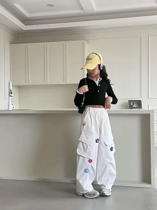 Korean Cargo Pants for Kids Girls Summer Jogger Pants Elasticated Waist Casual Street Baggy Pants Flower Design New Fashion Candy Color Wide Leg Trousers Casual Sweet Girls Bottoms 7-16 Yrs