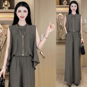 Fashionable Street Style Salt System Womens Summer New Arrival French Little Fly Sleeve Top Wide Leg Pants Trendy Two Piece Set