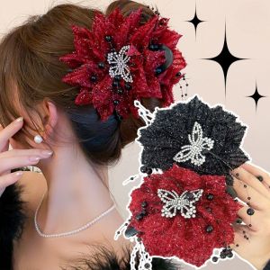 Vui vẻ đỏ hoa lớn cá mập Grip ngọt ngào Rhinestone bướm rìa kẹp tóc đa năng cổ điển Phụ kiện tóc cho phụ nữ