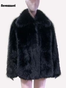 Nerazzurri Autumn Winter Black Fur Jacket Womens Young Style Lapel Loose Casual Eco-friendly Toka Fur Womens Outerwear