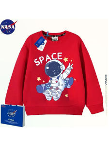 เสื้อฮู้ดผ้าขนแกะ NASA สำหรับเด็กชาย ทรงหลวม แขนยาว ปกติ ฤดูใบไม้ผลิและฤดูใบไม้ร่วง สีแดง แฟชั่น เสื้อผ้าเด็ก