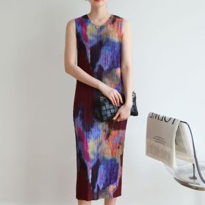 Miyake Pleated Dress Button Split Plus Size Sleeveless Women Robe Ete Vintage #7729 #3770