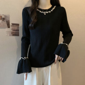 Plus Size Womens Clothing Stylish Beaded Niche Style Pure Desire Slimming Sweater Autumn and Winter Flare Sleeve Pullover Sweater Top