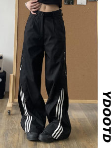 American Style Wide Leg Pants Mens Casual Trousers Destructed Zipper Three Bars Draping CleanFit Sport Leisure Long Trousers