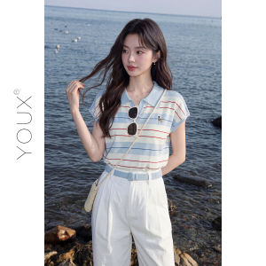 YOUXIANG | Áo Polo Knitted Họa Tiết Mèo Xanh Trắng Sọc Tay Voan Cho Phụ Nữ