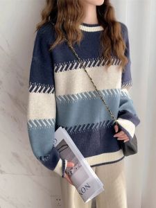 Loose Casual round Neck Womens Sweater High School Students 2024 New Style Autumn Winter Lazy Style Color Block Sweater