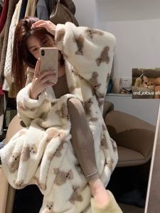 Giữ Gấu Mèo ~ Áo Choàng Ngủ Thiếu Nữ Liền Mũ Gấu Nhỏ Hoạt Hình Đáng Yêu Bộ Đồ Ngủ Quần Ngủ Chăn Lông Dày Dặn Giữ Ấm