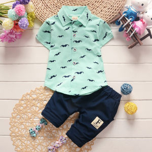 Setelan Anak Laki-laki 2in1 Kemeja Kerah Pendek Motif Janggut Celana Pendek Pinggang Elastis Baju Anak Balita Musim Panas Bahan Halus Bernapas Usia 6 Bulan - 4 Tahun