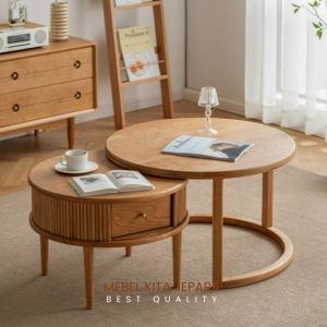 Coffe Tablet | Meja Tamu Kopi Bundar Nesting | Japanese Style Minimalis Modern Aesthetic Kayu Jati