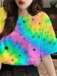 Summer Hot Sale Creative Trendy Colorful Star Series 3D Print Short Sleeve Casual round Neck T-Shirt Womens Breathable Thin Polyester