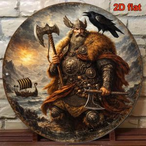 CIFbuy | Round Rust Frame Metal Tin Sign Viking Warrior Odin Raven Print Wall Decor Non LED Metal Plaque For Man Cave Pub Cabin Garage