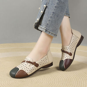 Elegant Handmade Womens Sandals Leather Soft Bottom Casual Shoes Vintage Hollow out Slip-On Comfortable Flat Heel Footwear