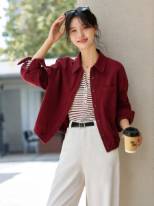 Vimly | Vintage Port Style Red Cotton Workwear Notch Collar Jacket