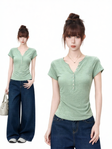AUDISTY | Áo Thun Henley Mở Bán Phần Ôm Sát Xanh