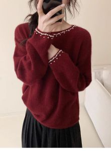 เสื้อสเวตเตอร์ถักคอตตอนสีแดงสไตล์ฝรั่งเศส ทรงหลวม สำหรับผู้หญิง เสื้อชั้นในฤดูใบไม้ร่วง/ฤดูหนาว ดีไซน์เรียบง่าย สวมใส่สบาย