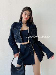 Liviahome Retro Zipper Denim Set Loose Versatile Short Jacket High Waist Slit Mini Skirt Street Style Loose Fit Long Sleeve