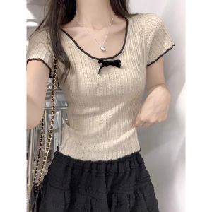 French Gentle Butterfly Knot Short Sleeve Knitted Ice Silk Thin Slim Fit U-Neck Top Women Summer Commute Korean Style T-Shirt