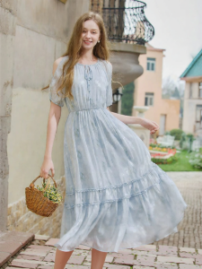 XIANGYING | French Style Polka Dot Off-shoulder Bubble Sleeve Dress