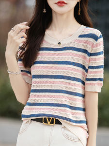 เสื้อยืดผู้หญิงคอตตอนผสมลินินลายทางแขนสั้นทรงหลวมสไตล์เกาหลีสำหรับฤดูร้อนปี 2025 เส้นใยโพลีเอสเตอร์เนื้อแน่น