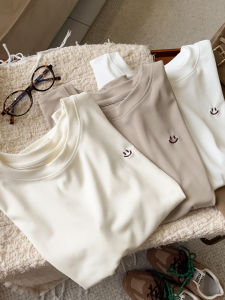 Korean Smile Face T-Shirt Summer Casual Anti-Aging Slim Fit Shoulder round Neck Short Sleeve Womens Inner Wear Top Polyester Fiber