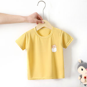 Barababa Ice Silk Childrens Short Sleeve T-Shirt Summer New Style Pure Color Cartoon mid Large Children Baby Half Sleeve Top
