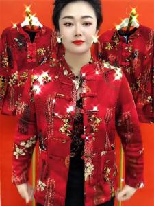 Fleece Lined Open Cardigan Stand Collar Vintage Button Loose Warm Top for Middle-Aged And Elderly Women Winter New Style Age-Defying