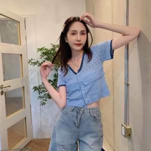 new arrivals knitted korean style v-neck shortsleeve blouse / plain color knitted crop top