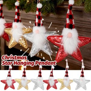 Star Shaped Christmas Gnome Ornament Sequined Fabric Santa Hanging Pendant for Tree Holiday Party Decoration Supply