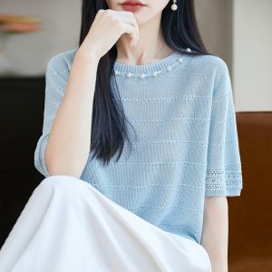 BAIWEISILI | Lace Hollow Pure Color Ice Silk T-Shirt