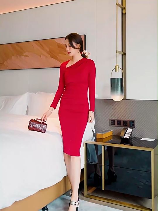 Formal Dress Red Tight Long Sleeve Dress ZYHT Women's Black Red