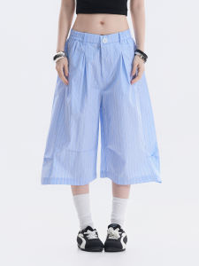 zuocisankon | Korean Style Loose Color-blocked Stripe Pleated Culottes 3/4 Length Shorts