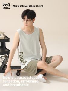 MiiOW | Mens Ice Silk Sleepwear 2025 Summer Cool Feeling Sleeveless Vest Loose Large Size Home Clothes Set Simple Style Short Pants