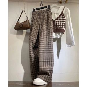 New 2025 Womens Loose Straight Leg Suit Pants High Waist Long Trousers Woolen Plaid Pattern Slimming Casual Wide Leg Pants