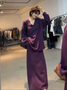Trendy V-Neck Sweatshirt High Waist Midi Skirt Set Lazy Style Two-Piece Womens Clothing Cotton Long Sleeve Autumn Fashion