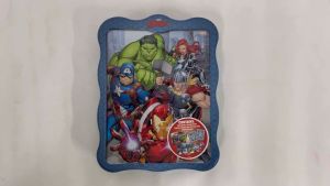 Marvel Avengers Happier Tin Activity Book with Storybook Sticker Sheets Press-outs Characters & Fold-out Scene