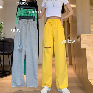 (Free shipping)Casual Pant for Women High Waist Wide Leg Loose Hole Trousers Elastic Drawstring ripped Joggers